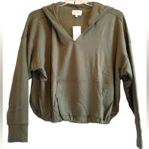 NWT  Nordstrom Lou &‎ Gray Olive Green Boxy Cropped Hoodie Drawstring Wai…